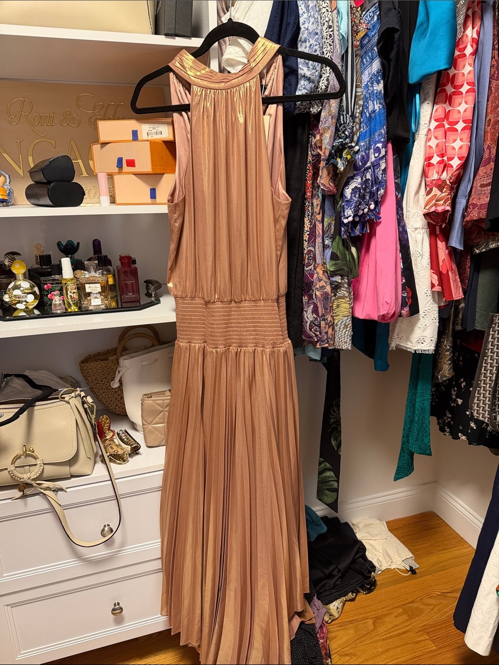 Ramy Brook Metallic Rose Gold Halter Maxi Dress